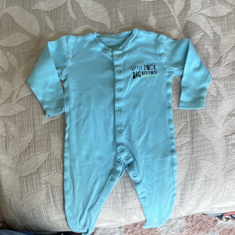 Primark Cotton Knit One-Piece Coverall Long Sleeve Snap Slogan 9-12M Blue